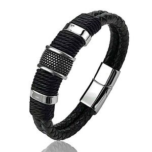 BLACK STAINLESS STEEL LEATHER BRACELET
